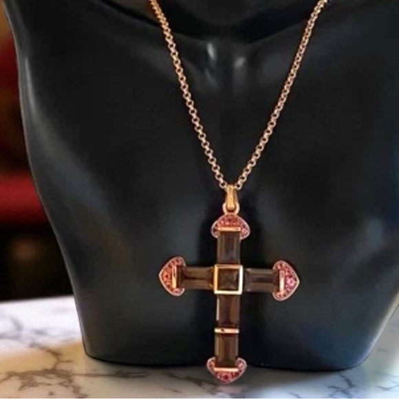 HUGE 14K Rose Gold Smoky Quartz Pink Tourmaline Cross Pendant 18” Necklace - Picture 1 of 16